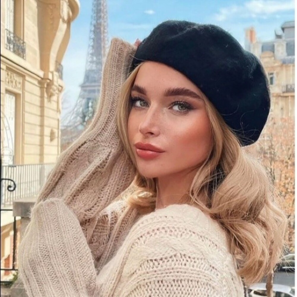 Women's Black Wool Blend French Beret Hat OS